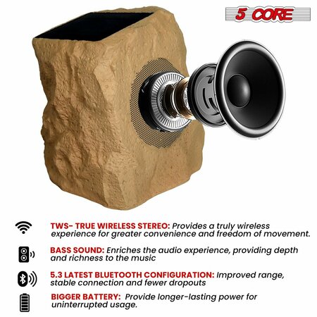 5 Core 5 Core Outdoor Bluetooth Wireless Rock Speaker - Patio Garden Speakers - GRDNSPK SP BRWN 1PC GRDNSPK SP BRWN 1PC